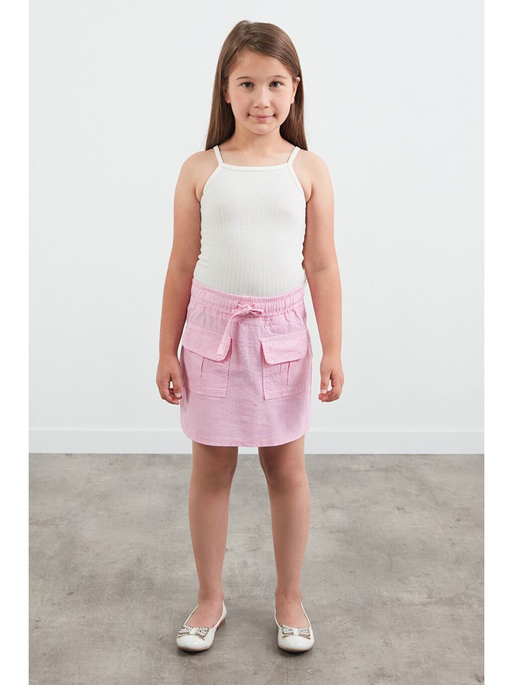 Pembe Beli Bağlamalı Çift Cepli Kız Çocuk Etek