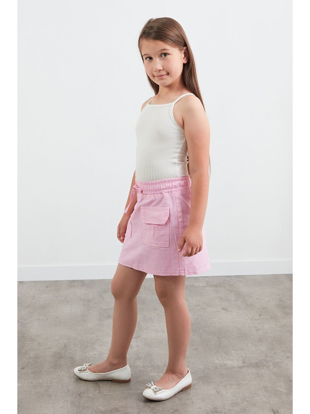 Pembe Beli Bağlamalı Çift Cepli Kız Çocuk Etek-1
