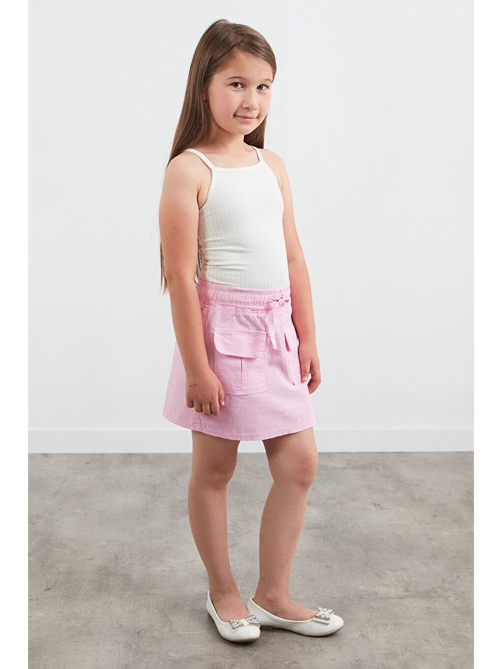 Pembe Beli Bağlamalı Çift Cepli Kız Çocuk Etek-2