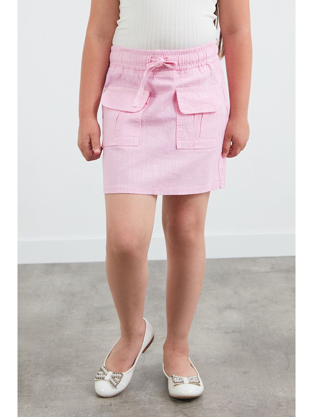 Pembe Beli Bağlamalı Çift Cepli Kız Çocuk Etek-3