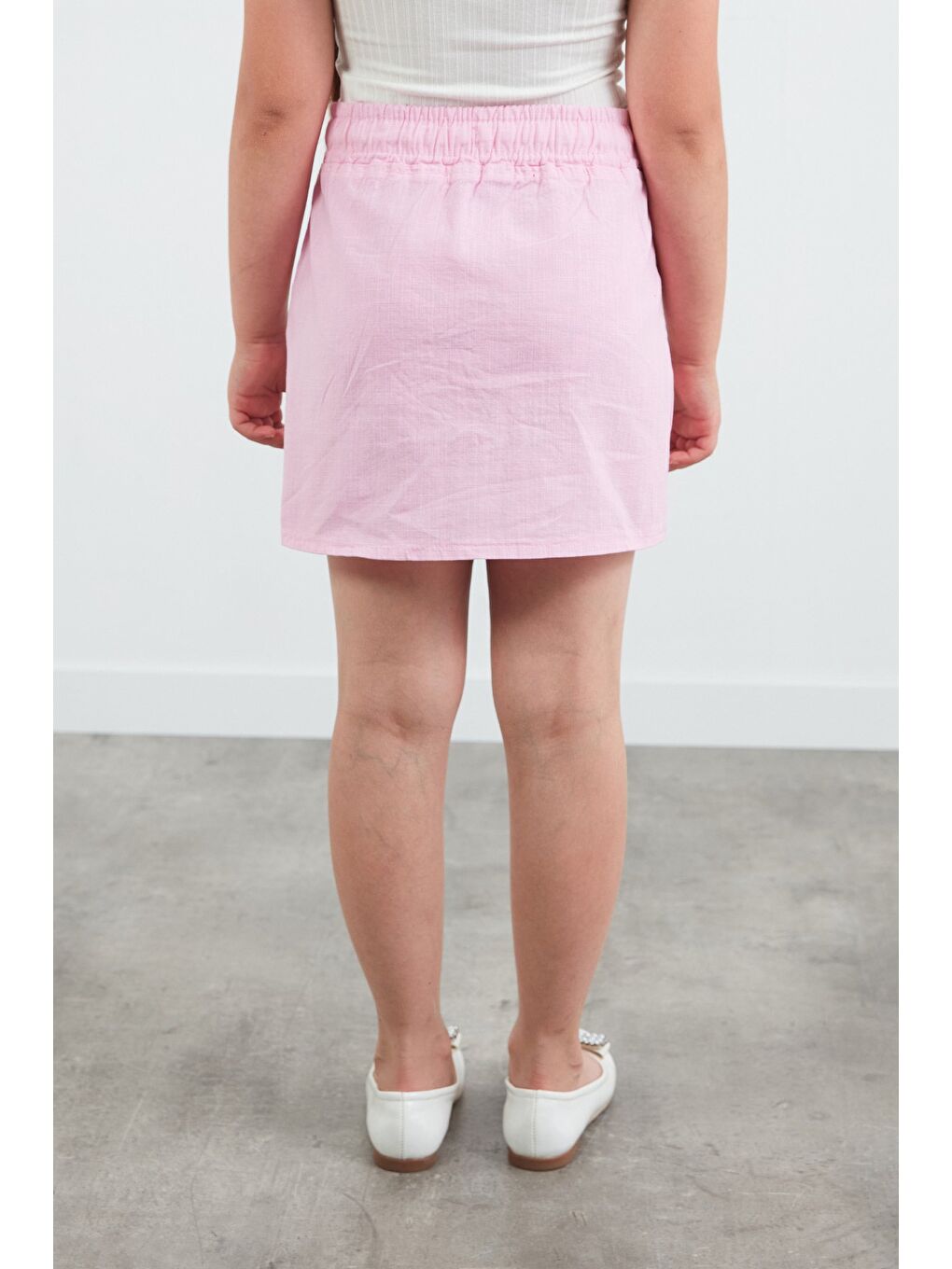 Pembe Beli Bağlamalı Çift Cepli Kız Çocuk Etek-4