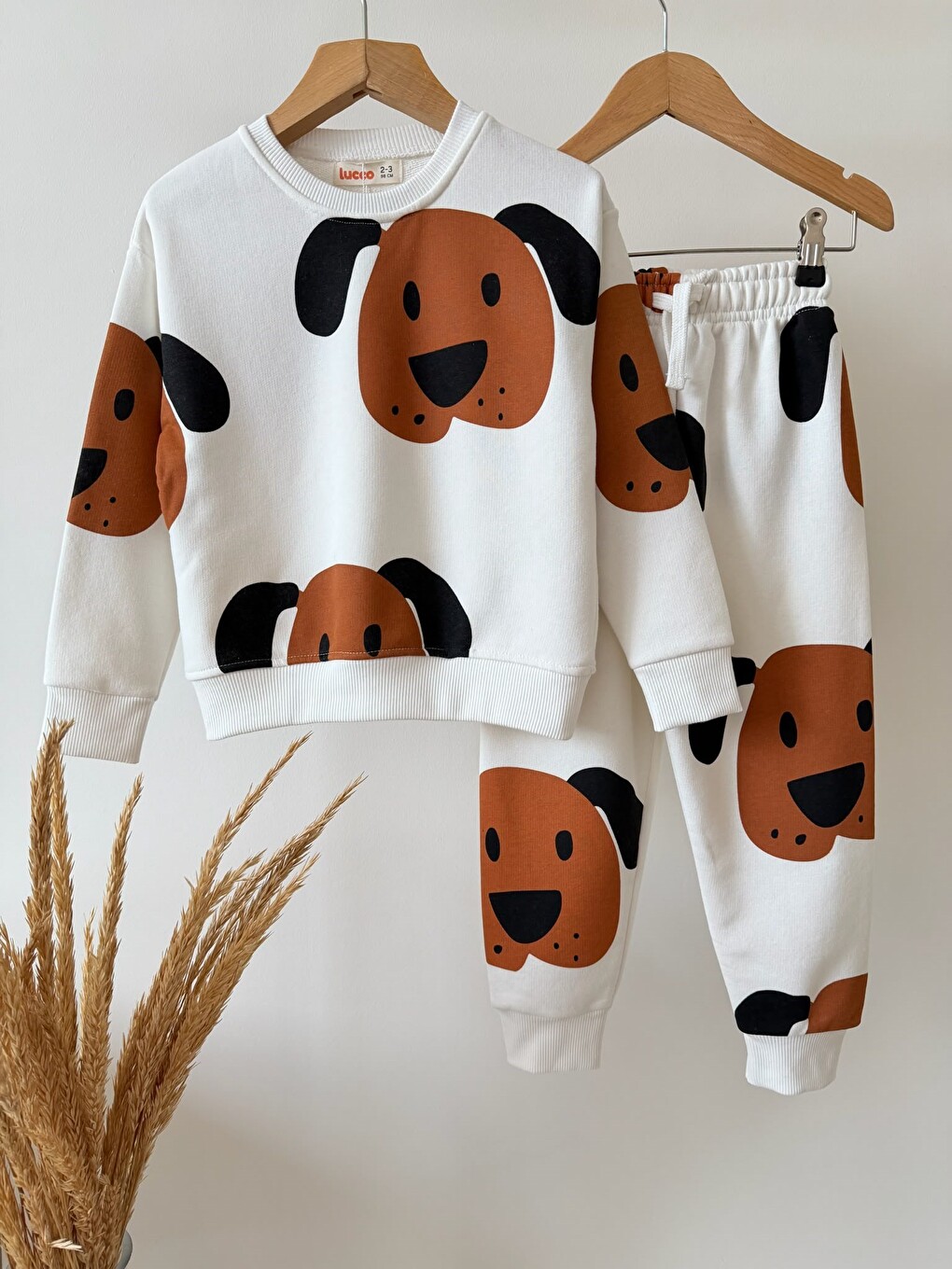 Karışık Çocuk Pamuklu Köpek Desenli Ekru Sweatshirt Ve Eşofman Altı Takımı-1
