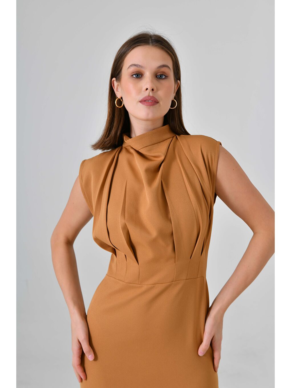 Kahverengi Kamel Hakim Yaka Elbise-2