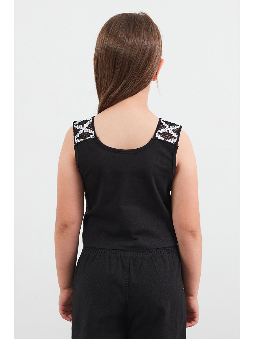 Siyah %100 Pamuk Basic Kalın Askılı Kız Çocuk Crop Bluz-3