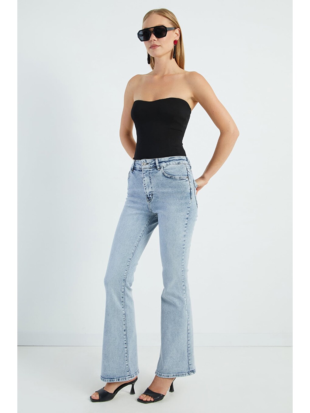 Mavi Yüksek Bel Flare Jean-4