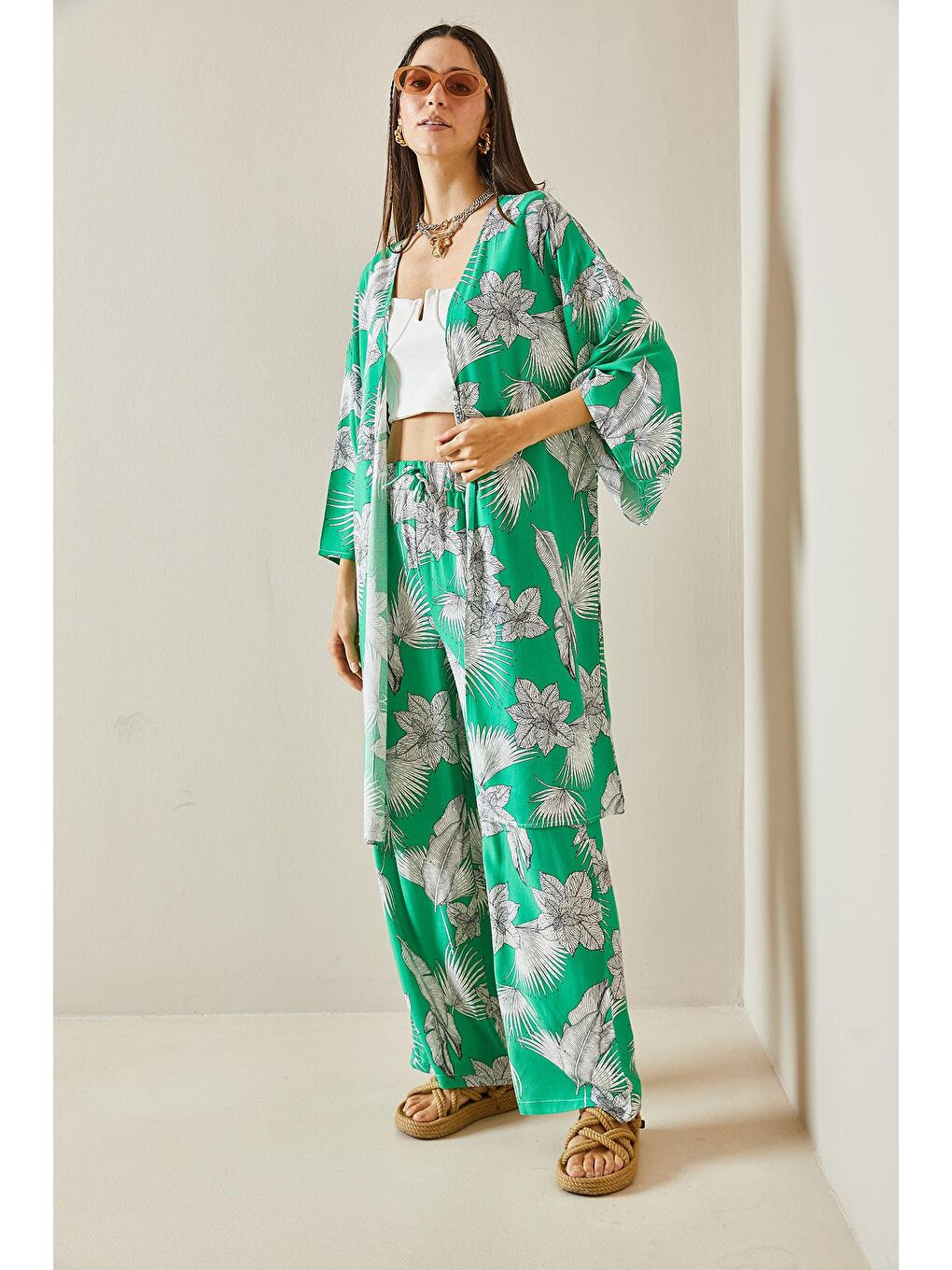 XHAN Yeşil Çiçek Desenli Kimono Takım 5YXK8-48600-08 - 3