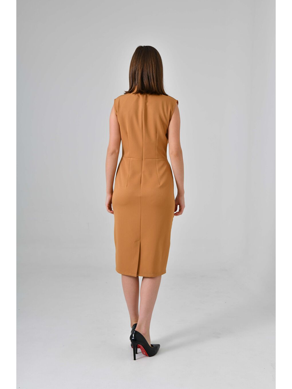 Kahverengi Kamel Hakim Yaka Elbise-4