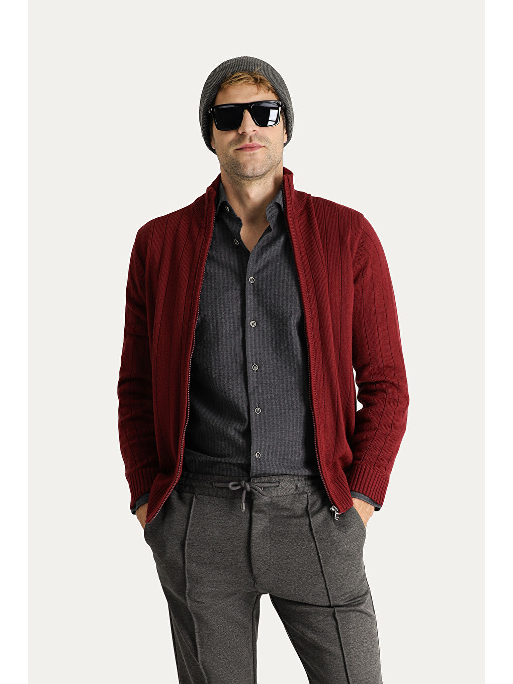 Bordo Fermuarlı Triko Hırka-1