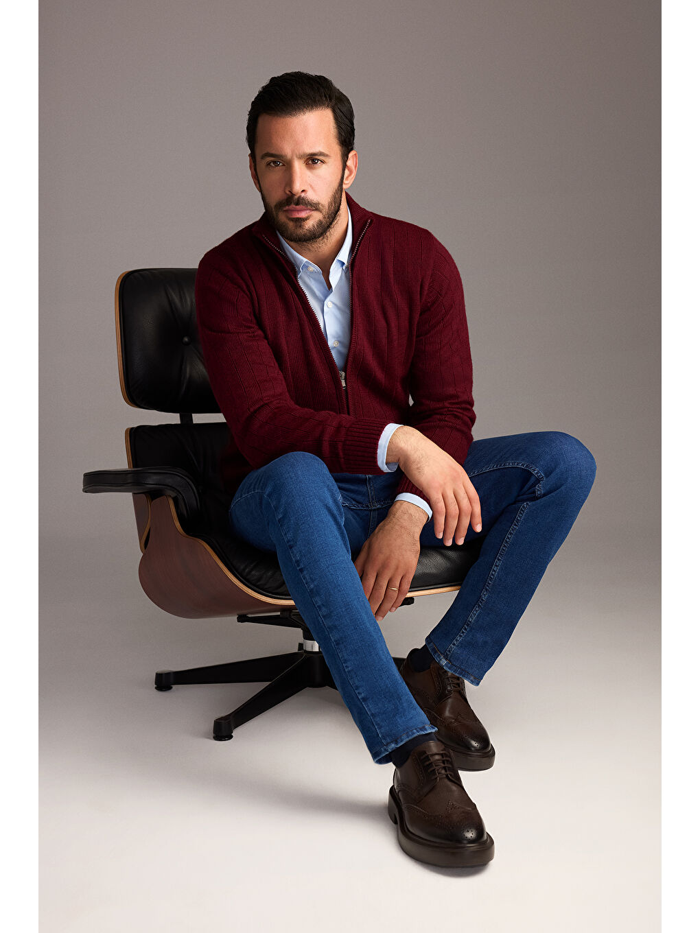 Bordo Fermuarlı Triko Hırka