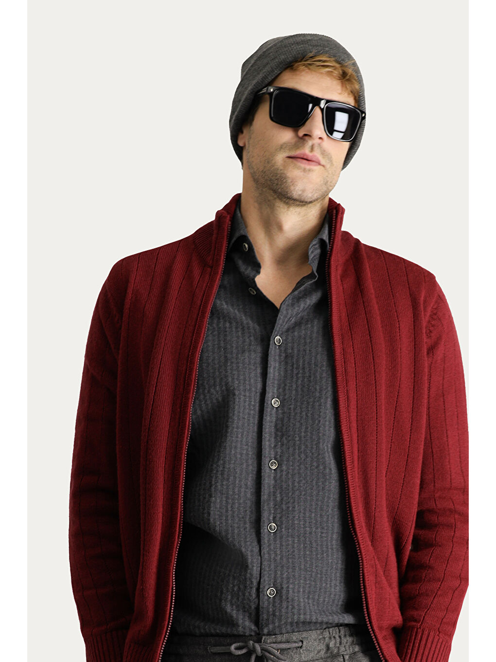 Bordo Fermuarlı Triko Hırka-2