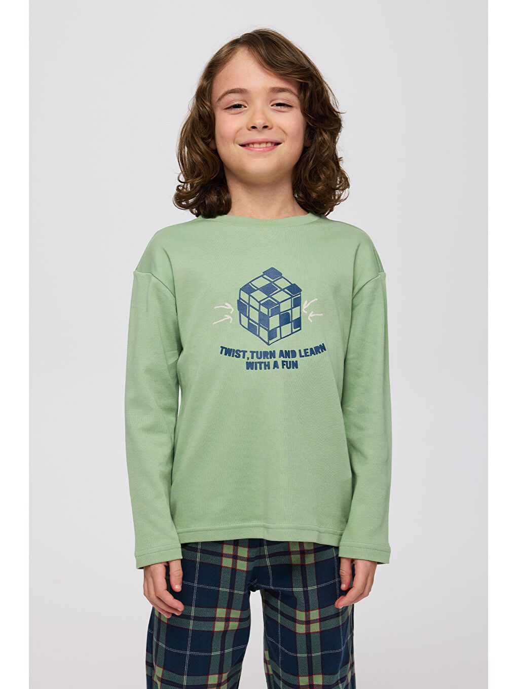 Erkek Çocuk Ekose Desenli Yeşil Pijama Takımı-2