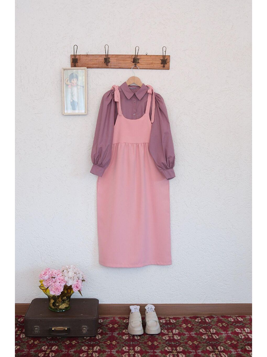 Pembe Kolu Bağlamalı Jile & Açık Mor Klasik Yaka Crop Gömlek Takım