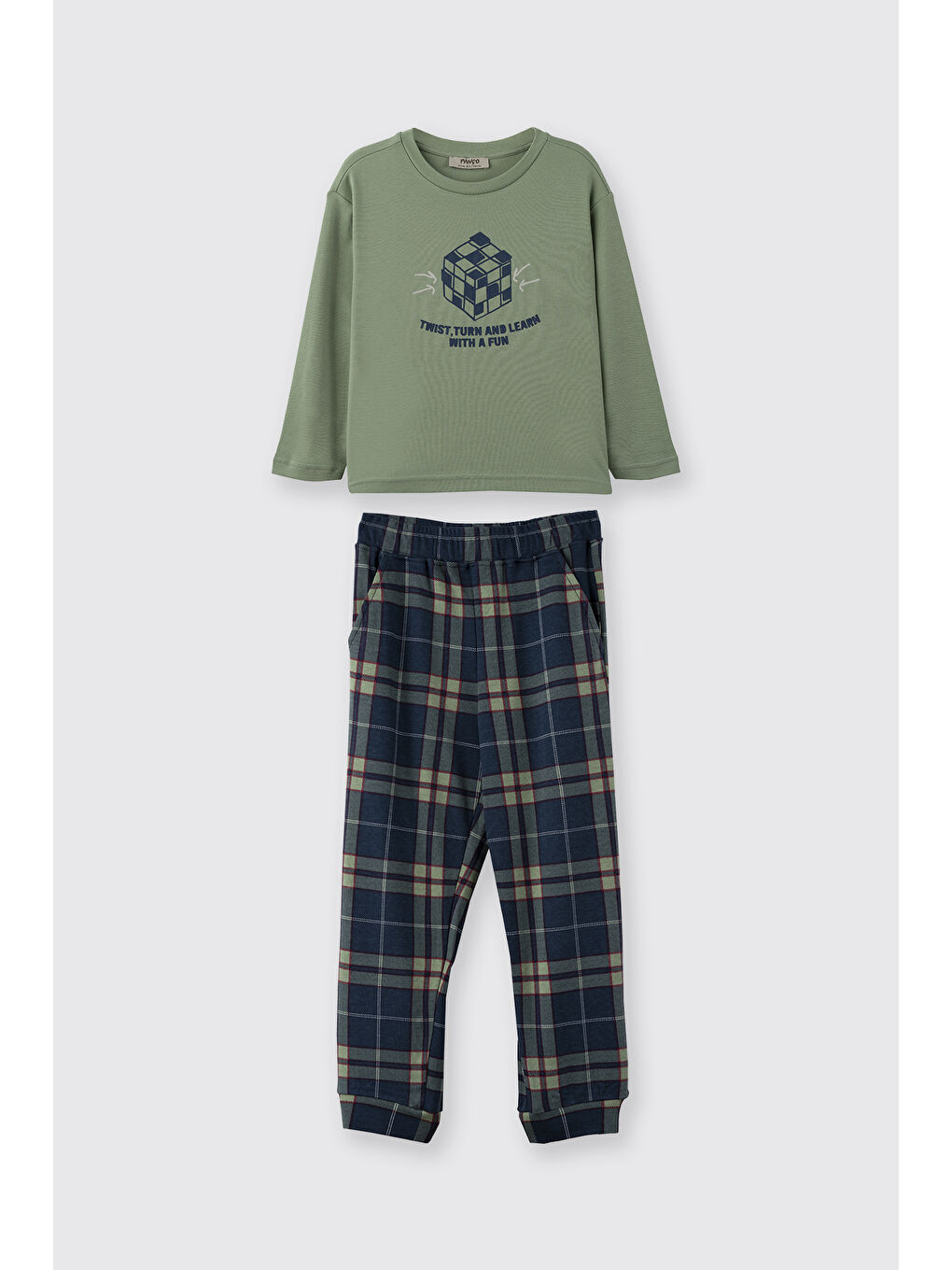 Erkek Çocuk Ekose Desenli Yeşil Pijama Takımı-4