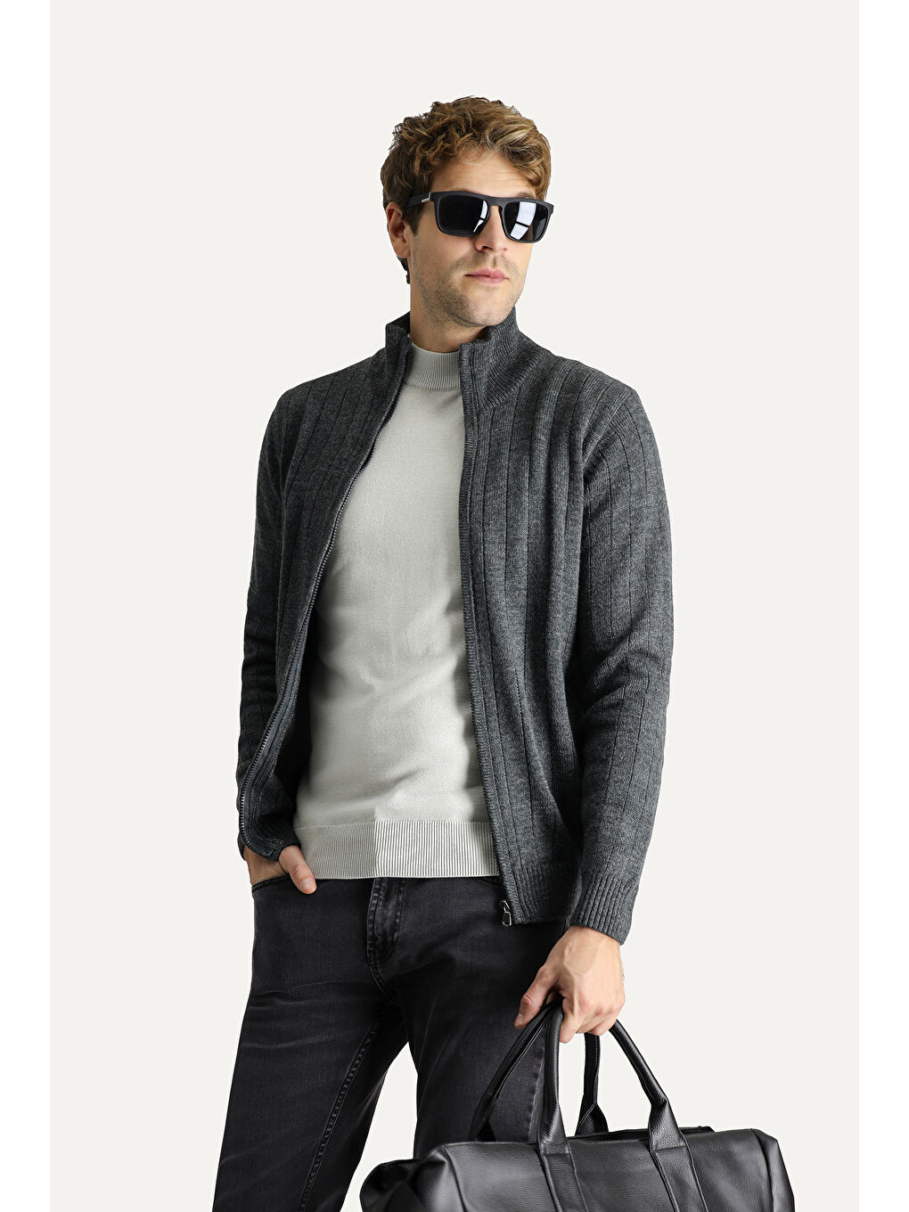 Antrasit Fermuarlı Triko Hırka