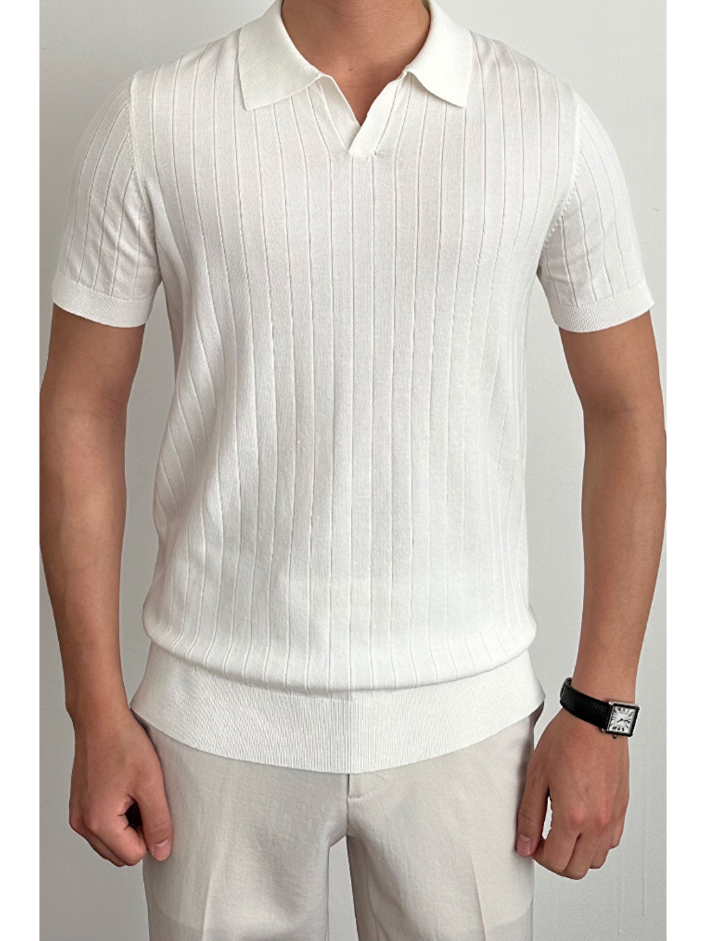 Erkek Beyaz Slim Fit Fitilli Polo Yaka Triko T-Shirt-1