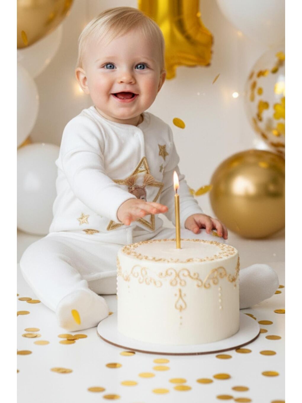 Beyaz Kız Bebek Gold Yıldız Detay Tulum-1