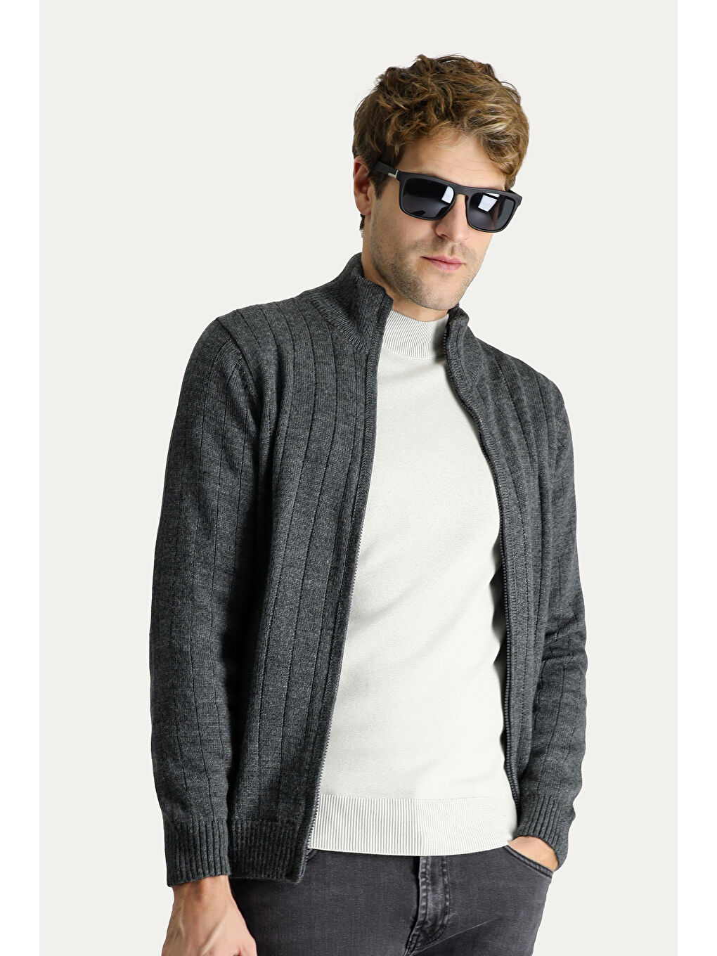 Antrasit Fermuarlı Triko Hırka-1