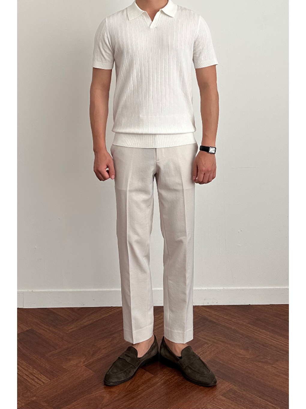 Erkek Beyaz Slim Fit Fitilli Polo Yaka Triko T-Shirt-2