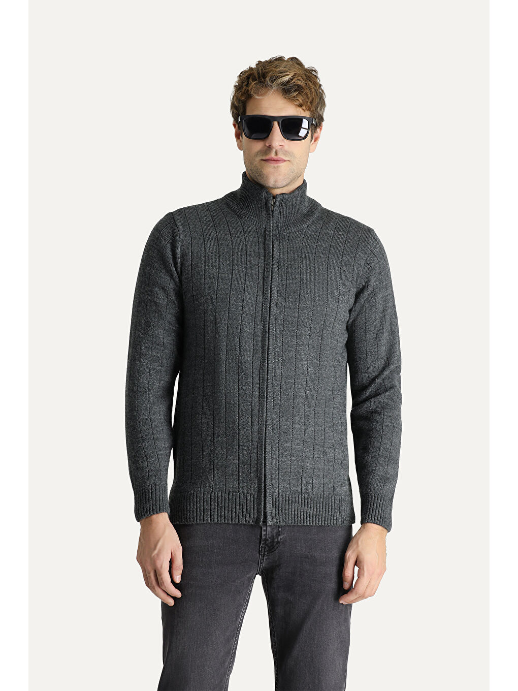 Antrasit Fermuarlı Triko Hırka-2