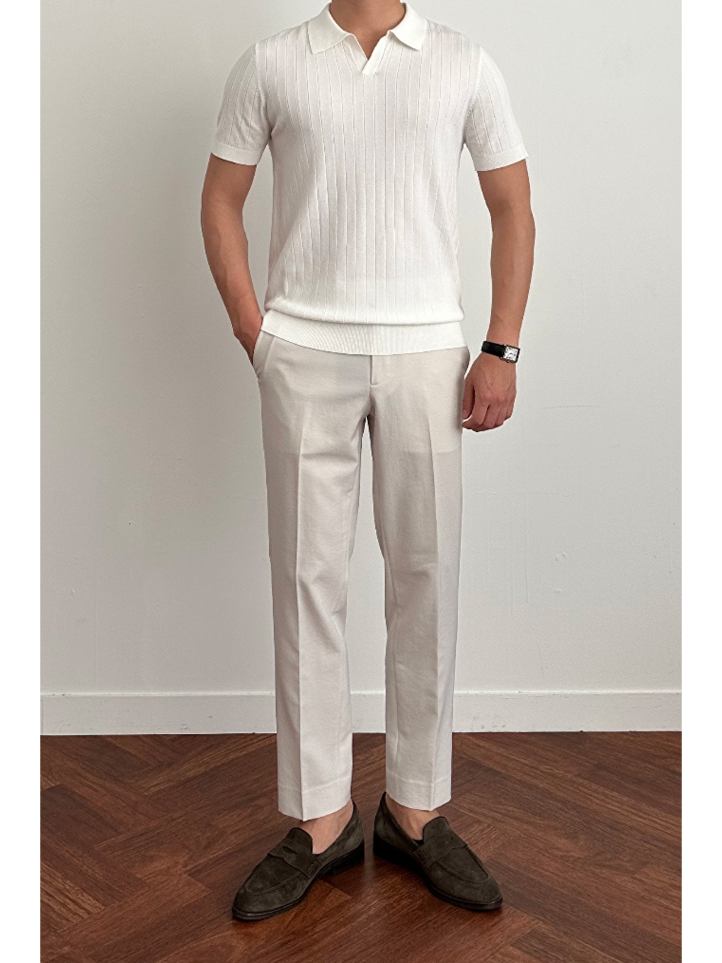 Erkek Beyaz Slim Fit Fitilli Polo Yaka Triko T-Shirt-3