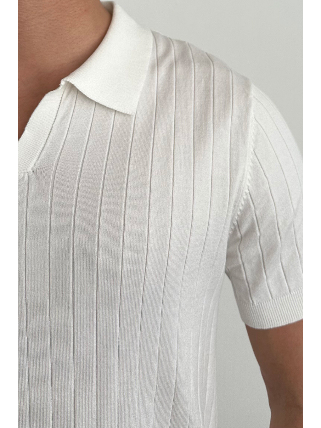 Erkek Beyaz Slim Fit Fitilli Polo Yaka Triko T-Shirt-4