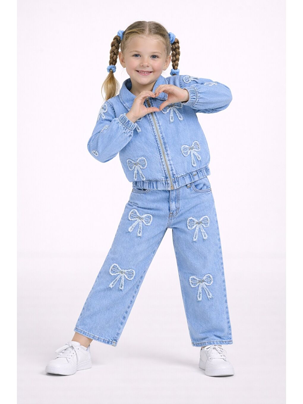 Mavi Kız Çocuk Kurdele Desenli Jean Takım