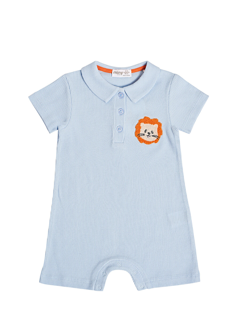 Mavi Waffle Kumaş Aslan Figürlü Erkek Bebek Tulum-1