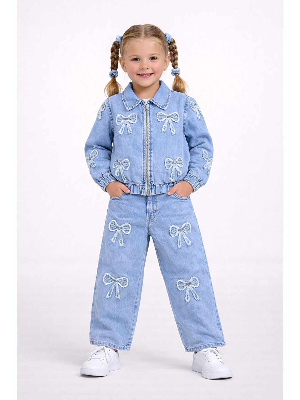 Mavi Kız Çocuk Kurdele Desenli Jean Takım-1