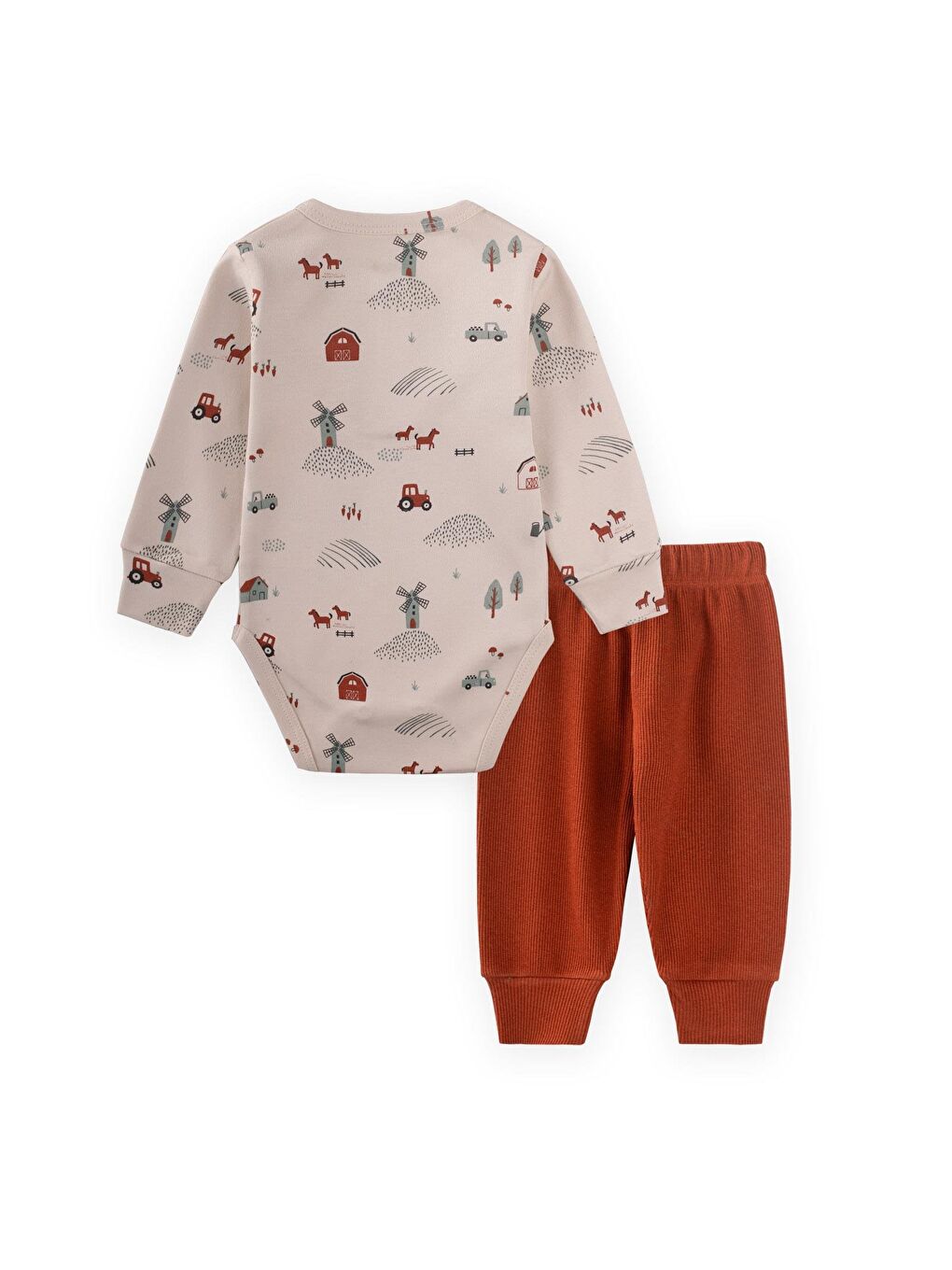 Çiftlik Desenli Zıbın Takım 0-3 Yaş Bej-2