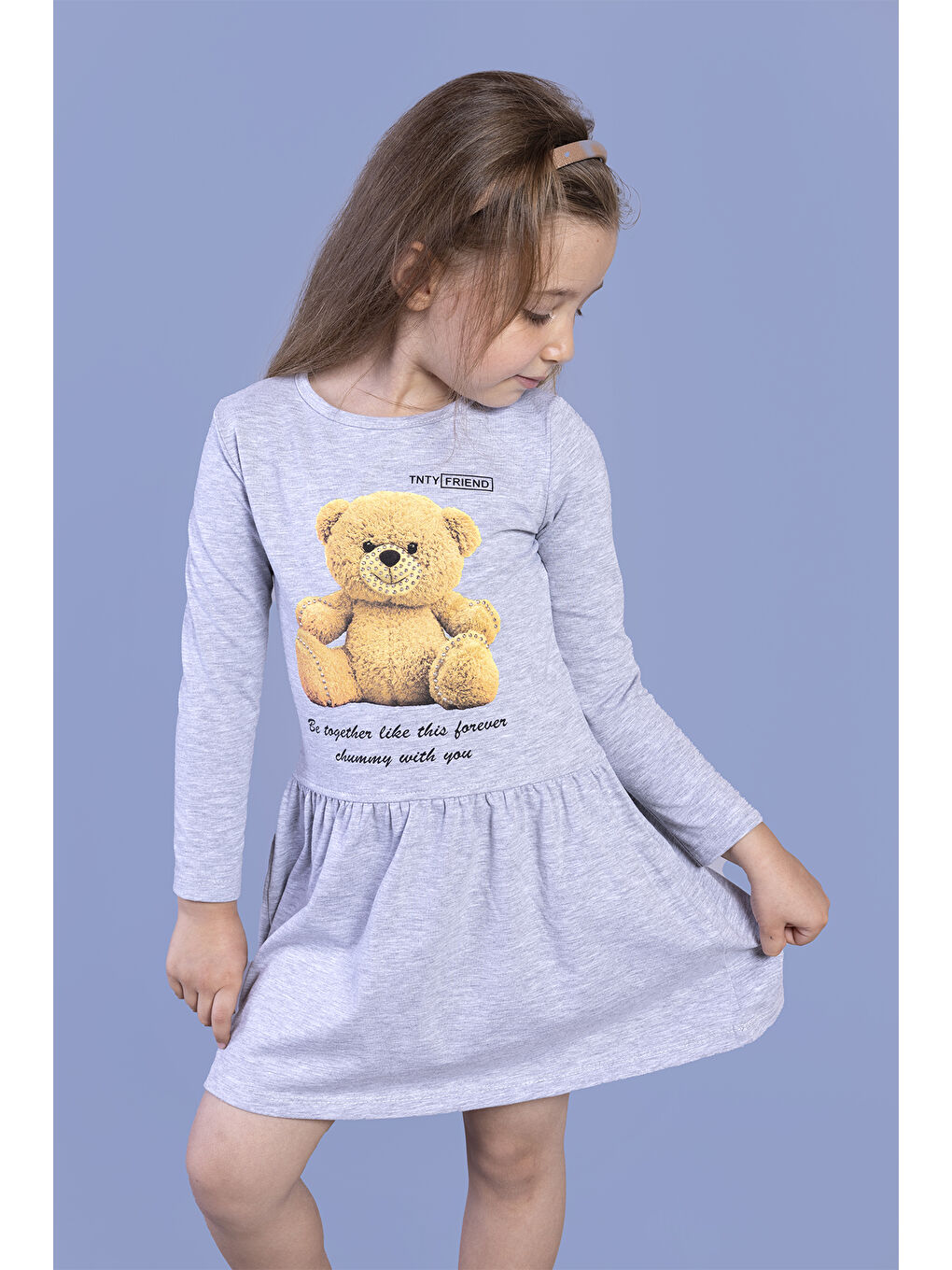 Gri Kız Çocuk Ayıcık Baskılı Elbise
