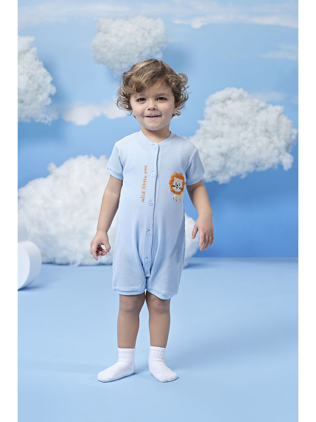 Mavi Waffle Kumaş Düğmeli Erkek Bebek Tulum-1