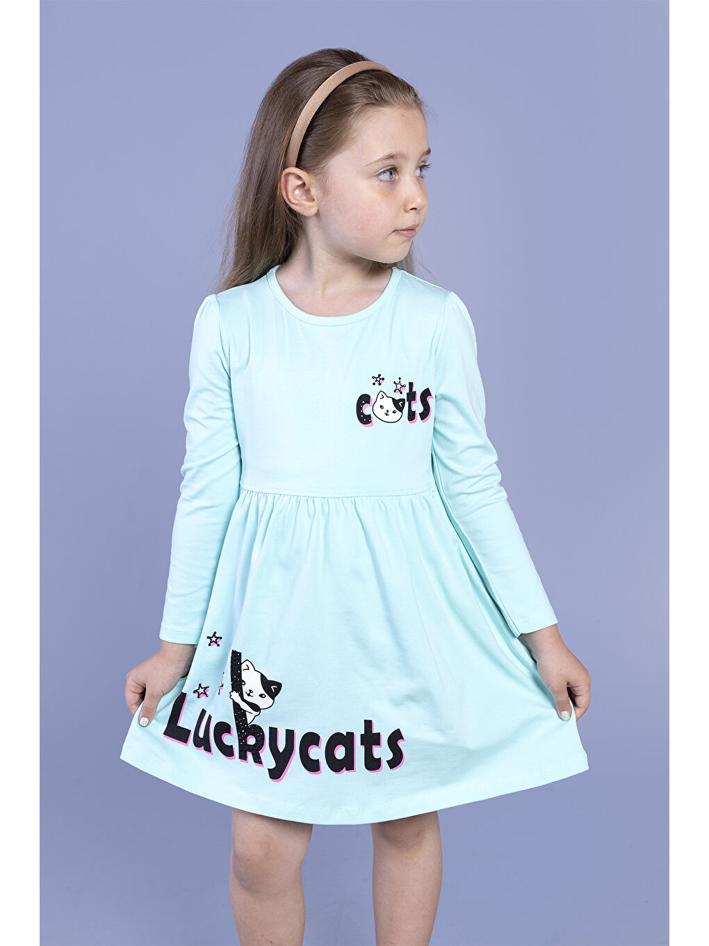 Turkuaz Kız Çocuk Baskılı Elbise-2