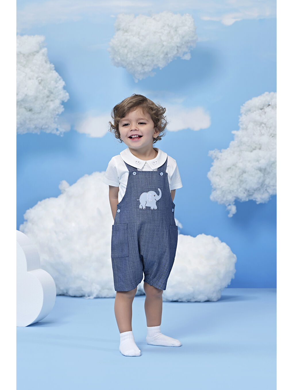 Karışık Fil Nakış Detaylı Erkek Bebek Salopet Set