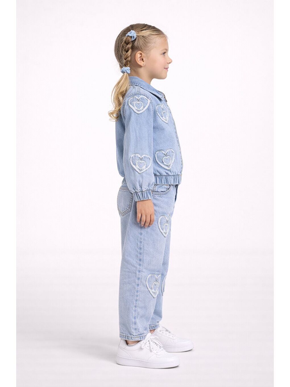 Mavi Kız Çocuk Kalp Desenli Jean Takım-1