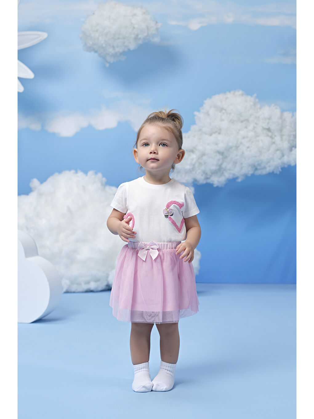 Karışık Kalp Desenli Tişört- Tütü Etekli  Kız Bebek 2'li Set-1