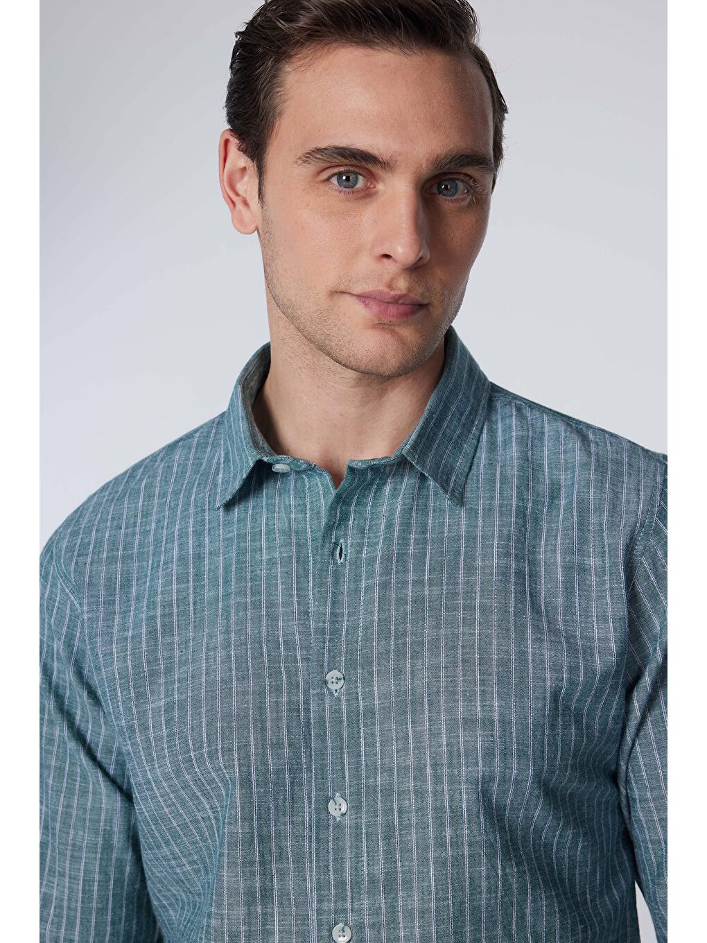 Yeşil Slim Fit Uzun Kollu Dar Kalıp Çizgili  Yazlık Keten Doku Erkek Gömlek