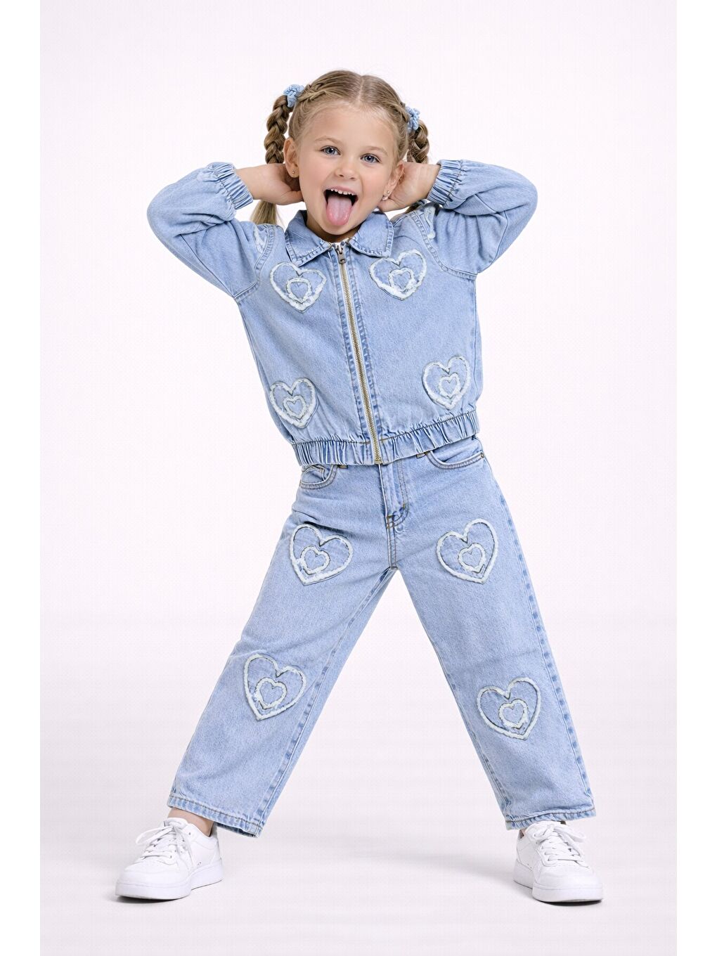 Mavi Kız Çocuk Kalp Desenli Jean Takım-2