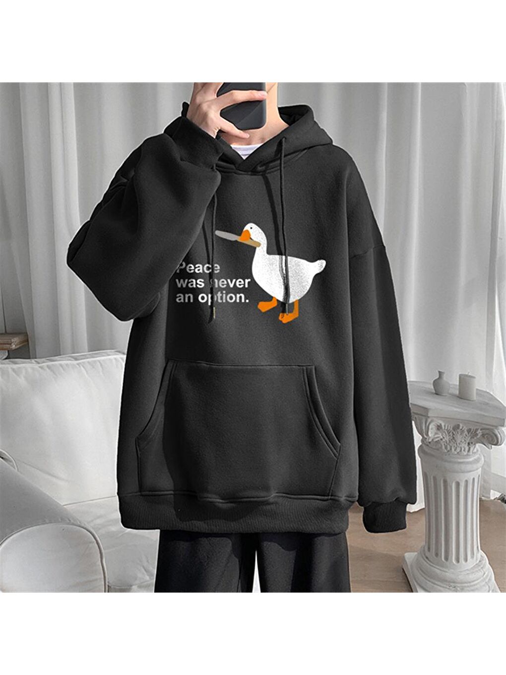 Touz Moda Siyah Duck Peace Baskılı Siyah Unisex Oversize Kapüşonlu Sweatshirt