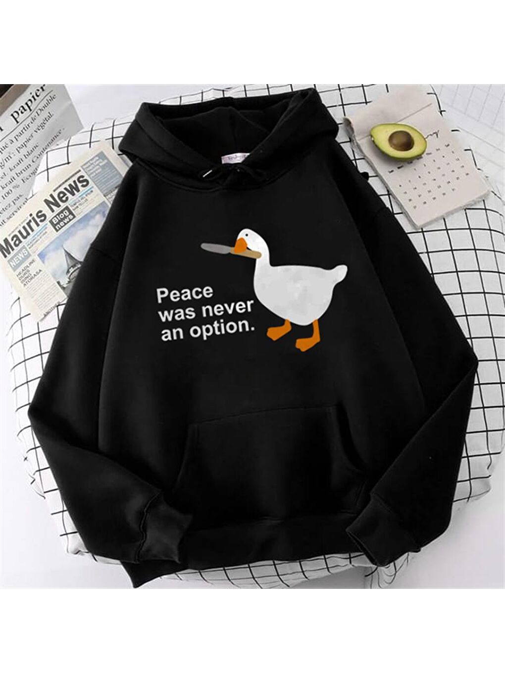 Touz Moda Siyah Duck Peace Baskılı Siyah Unisex Oversize Kapüşonlu Sweatshirt - 1