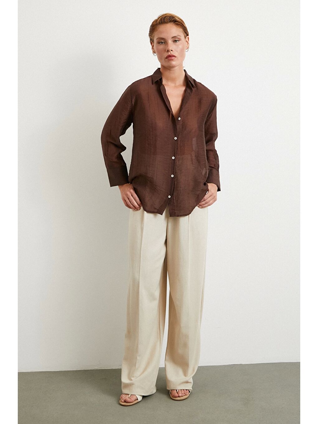 Karışık Modal Basic V Yaka Gömlek Kahve-1