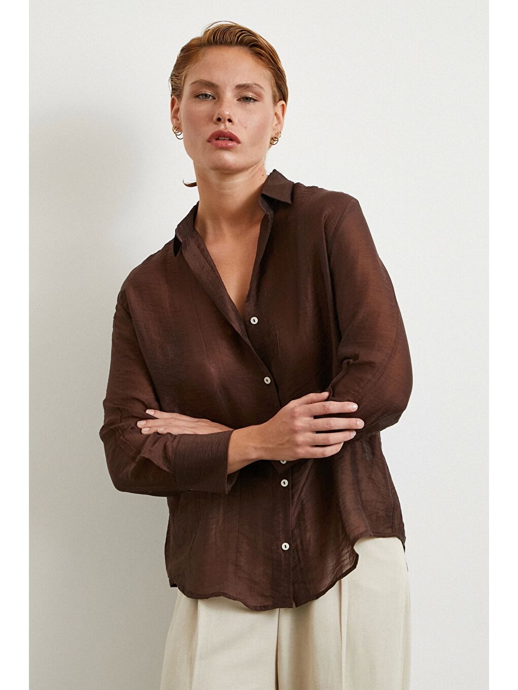 Karışık Modal Basic V Yaka Gömlek Kahve-2