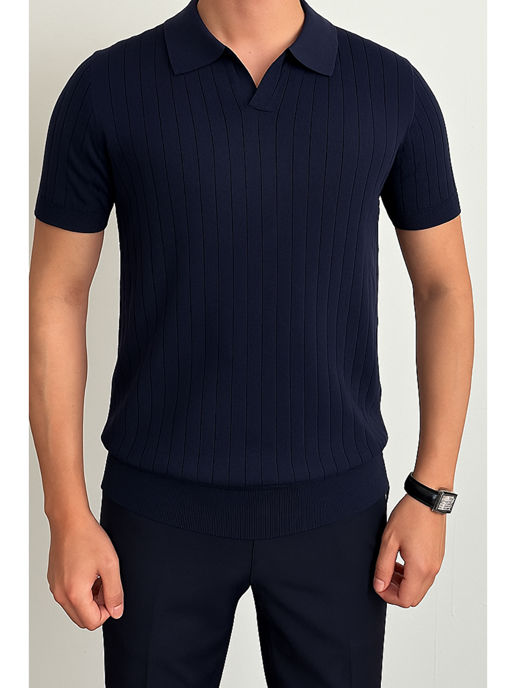 Erkek Lacivert Slim Fit Fitilli Polo Yaka Triko T-Shirt