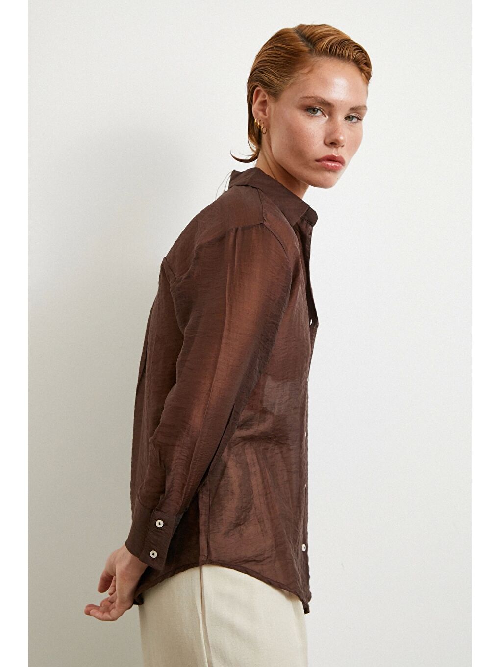 Karışık Modal Basic V Yaka Gömlek Kahve-3