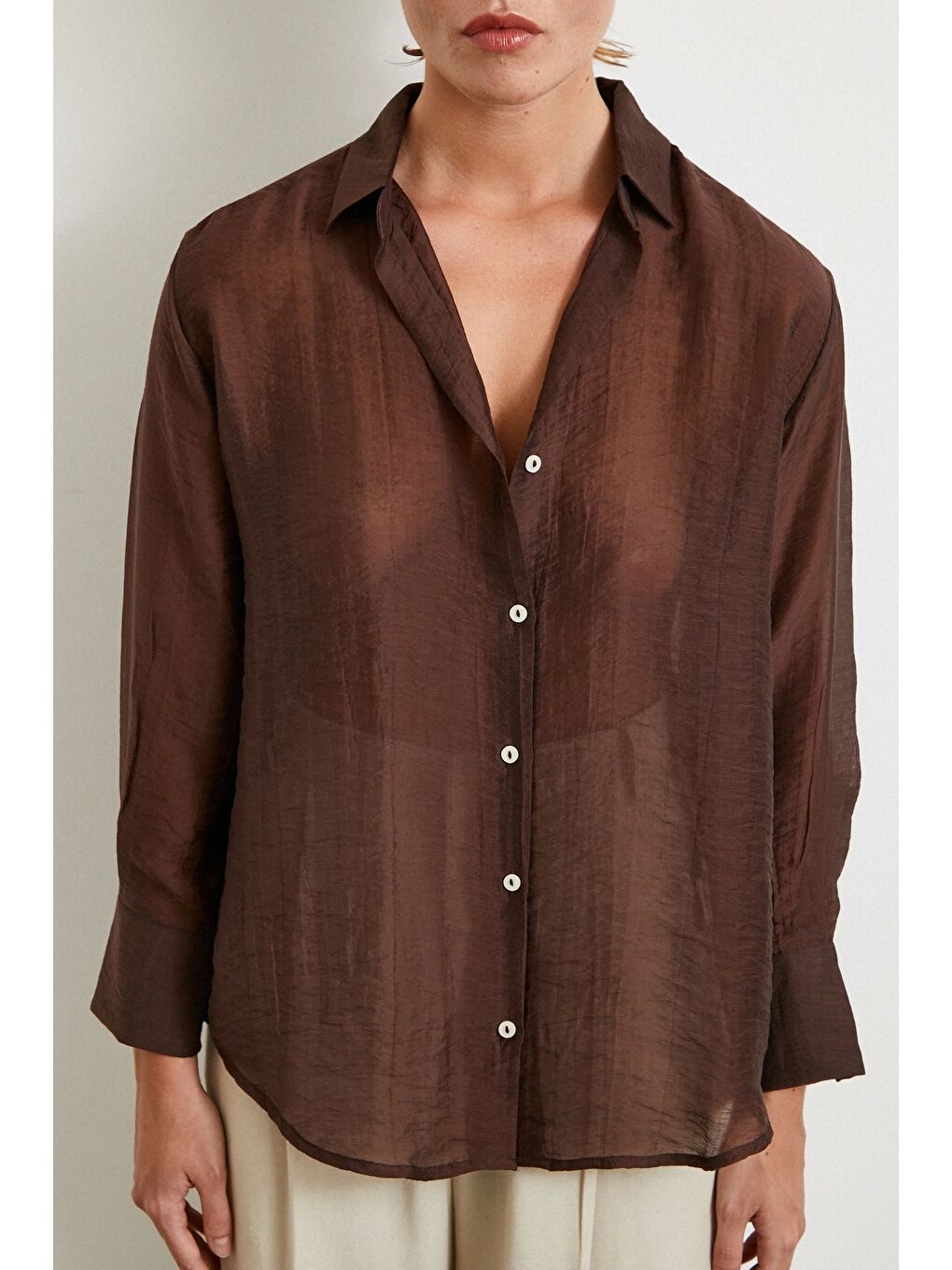 Karışık Modal Basic V Yaka Gömlek Kahve-4