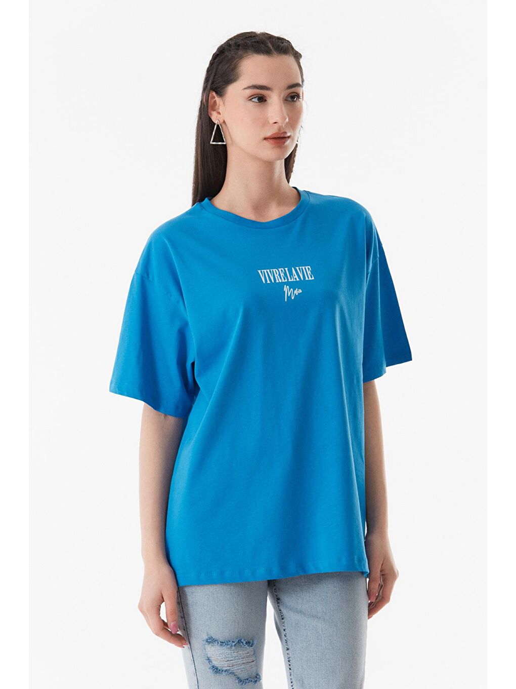 Mavi Yazı Baskılı Bisiklet Yaka Oversize Tişört