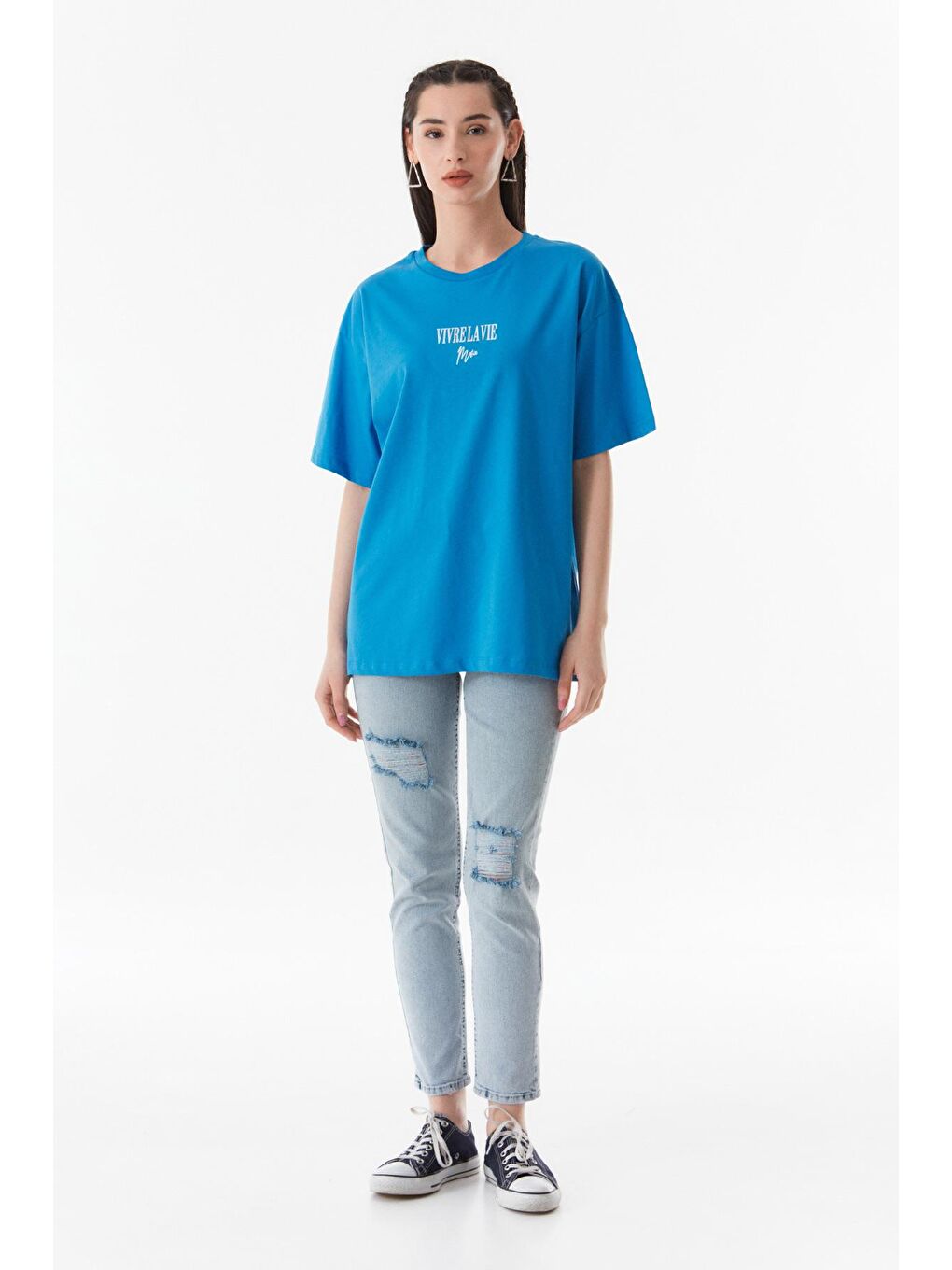 Mavi Yazı Baskılı Bisiklet Yaka Oversize Tişört-1