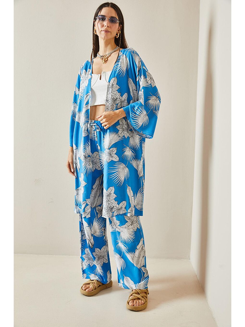 XHAN Mavi Çiçek Desenli Kimono Takım 5YXK8-48600-12 - 1