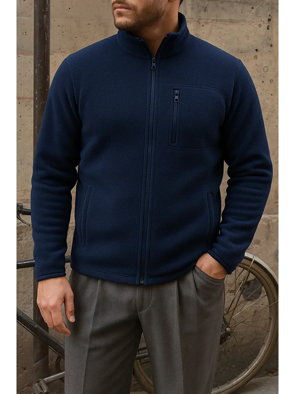 Erkek Kalın Fermuarlı Kışlık Günlük Lacivert Polar Ceket-1