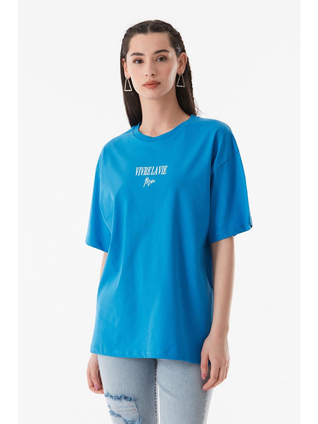 Mavi Yazı Baskılı Bisiklet Yaka Oversize Tişört-2