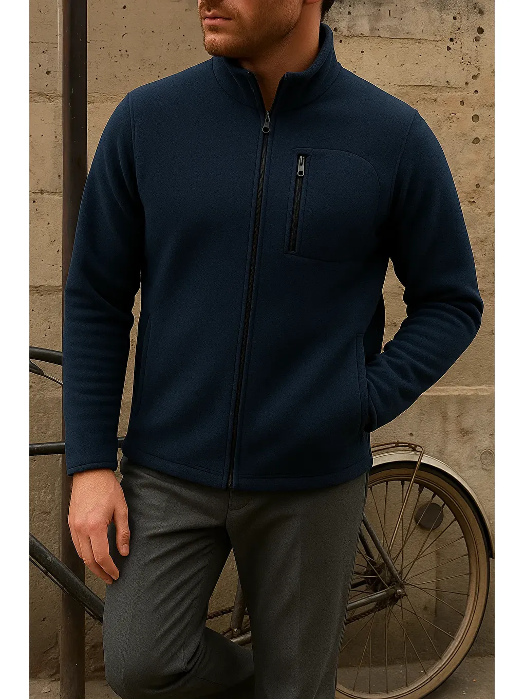 Erkek Kalın Fermuarlı Kışlık Günlük Lacivert Polar Ceket-2